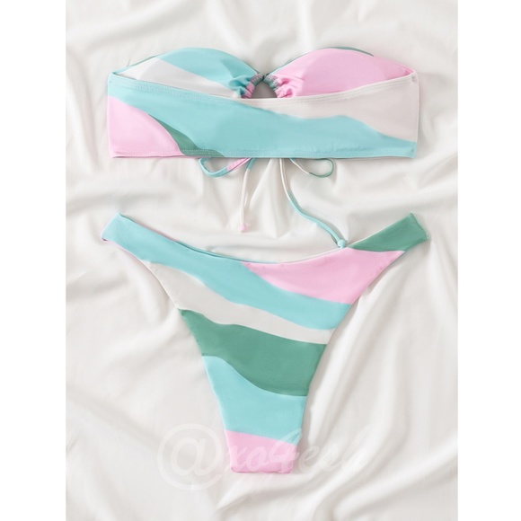 Colorblock 2 Piece Bikini Swimsuit Bandeau - Picture 4 of 9